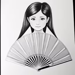 a woman holding an ornate fan over her left shoulder