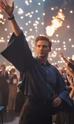 a man is standing in front of a crowd holding his arms up and gesturing
