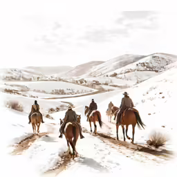 four people ride horses through the snow