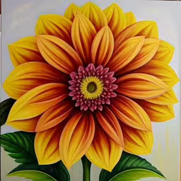 an oil painting of a sunflower with green leaves,a picture of a painting of a yellow flower