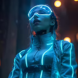 a woman wearing a neon outfit and glowing glasses