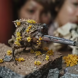 a small little insect with yellow flowers on it