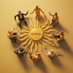 a group of people are posed around a yellow circle