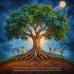 an artistic painting of a tree with many different types of roots