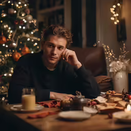 a man that is sitting down by a table
