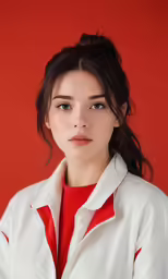a young lady with black hair and a white jacket