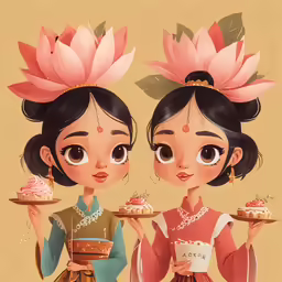 two asian women with flowers on their head