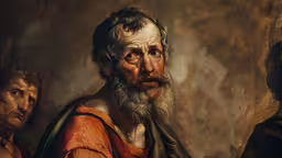 an oil painting with two men next to each other,an old man with beard in front of other people