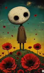 a painting of a person standing in front of red poppies