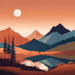 an illustration of a person standing on the edge of a lake near some mountains,the landscape depicts mountains and the river as the sun rises