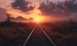 a train track with the sun setting in the background