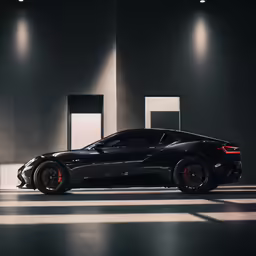 a black sports car parked inside of a room