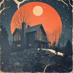 the cabin is in front of the full moon