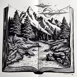 a picture with trees and mountains in it,a book opened to reveal the drawing of a landscape