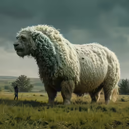 the large wooly sheep is standing alone on the field