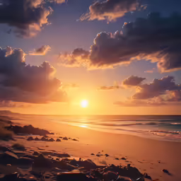 the sun is setting on an empty beach