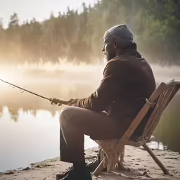 a man sitting in a chair and fishing from a lake