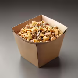 a container with pasta and nuts in it