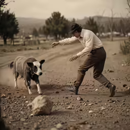a man in a hat is chasing his sheep