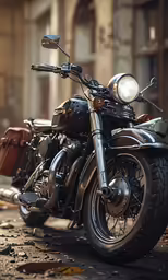 a black motorcycle parked in front of an old building
