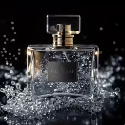 a bottle of perfume with some water droplets on it