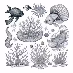 a black and white drawing of sea creatures,pencil drawing of fish and seaweed by person