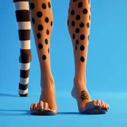 legs with black and white socks and polka dot socks on them