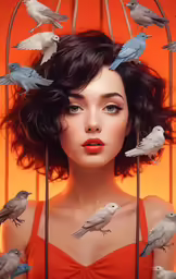a woman with birds all around her face and behind the head