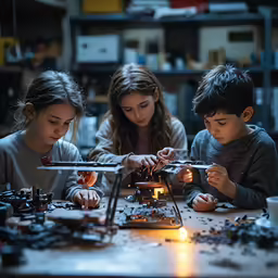 three children sitting at a table looking at legos