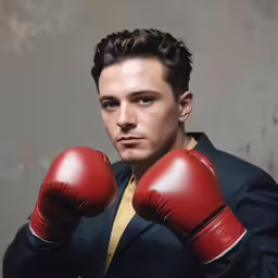 a young man in red gloves is posed