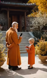 the monk with the phone is looking at the child