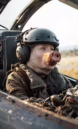 a war pilot in the cockpit of a plane with an pigs nose sticking out