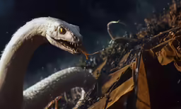 a white dragon with big eyes standing in the rain