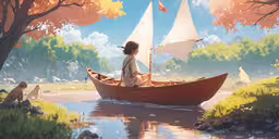 a boy is on the water in a boat,a painting of a boy in a boat with a sail