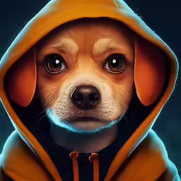 a dog wearing an orange hoodie and staring into the camera