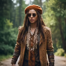 a beautiful woman in a brown jacket and hat