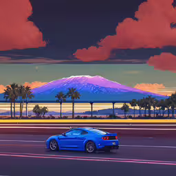 the blue car is parked next to a palm tree,a blue sports car in the middle of the street