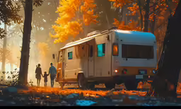 a person and their child near an rv in the woods