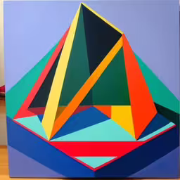 a painting is shown with colorful shapes,a colorful painting on a blue surface of wood,colorful artwork on the wall of a room,this is a painting with bright colors and lines,colorful modern art depicting various shapes on canvas