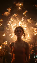 there is a woman standing in front of a lot of fireworks