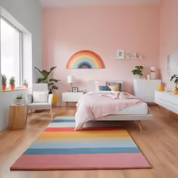 a brightly colored bedroom with natural wood flooring and a soft pink wall