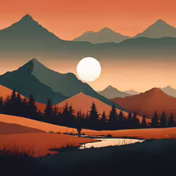 a painting of mountains and a stream at sunset,the sun is rising over the mountains, and there are trees, bushes, and water