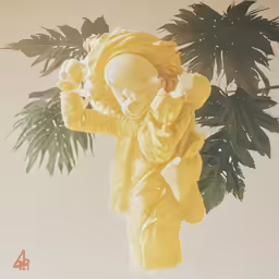 an infant doll standing next to a plant