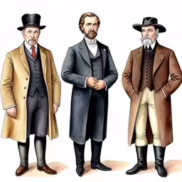 three men in long coats and ties are dressed with hats,three men in coats and hats pose for a drawing