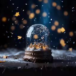 a snow globe is covered in gold stars and bubbles