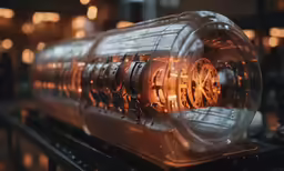 the glass bottle is on the table with a yellow light