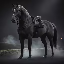 a statue of a black horse, illuminated by spotlights