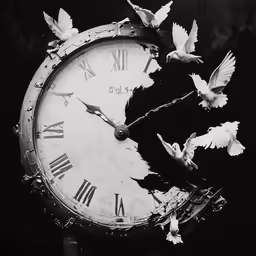 a clock with birds sitting on it, all around it