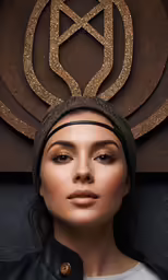 a beautiful young woman wearing a black turban and with an intricate headpiece