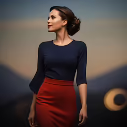 a woman in a blue and red dress
